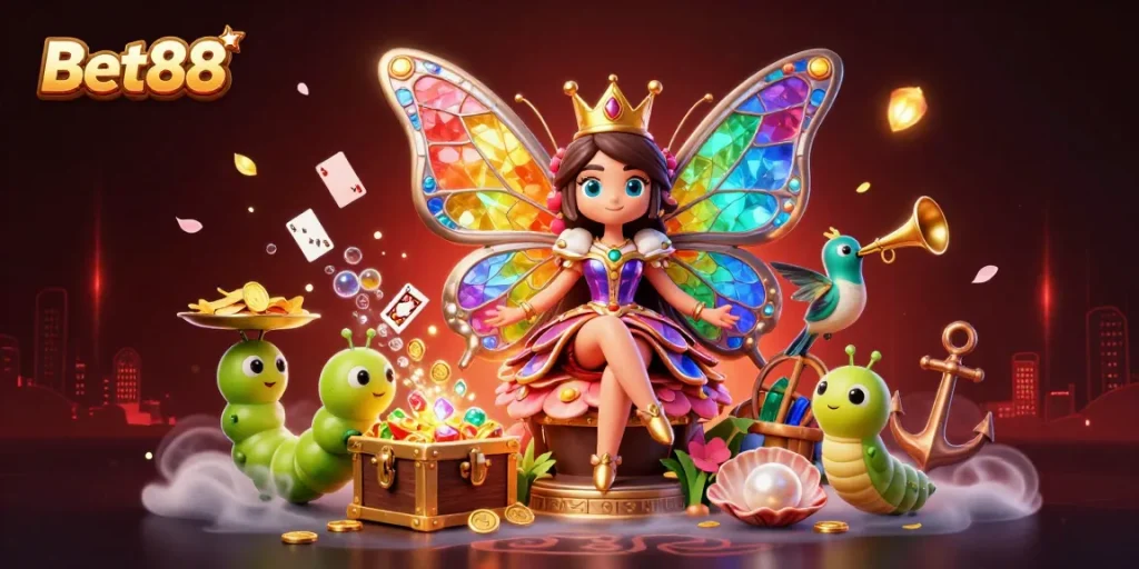 Experience the excitement of Bet88 with a vibrant 3D illustration of a butterfly queen surrounded by gambling treasures.