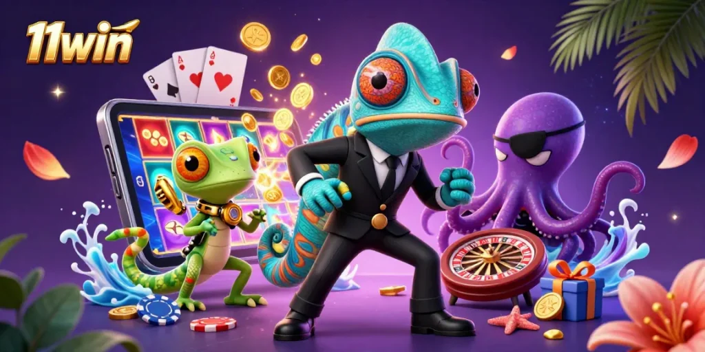Experience the thrill of 11win with a vibrant Casino illustration featuring a chameleon, gecko, and octopus.
