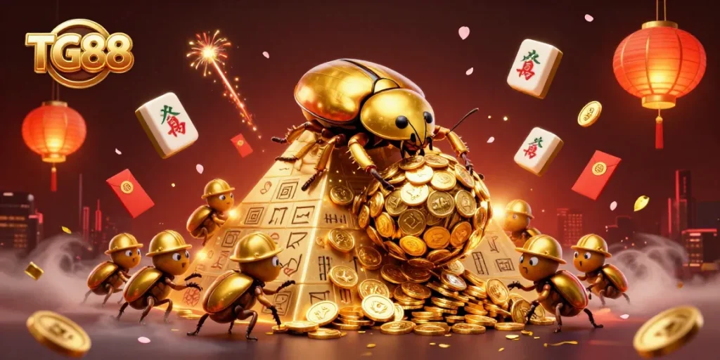 Experience the thrill of casino gaming with TG88's vibrant golden beetle action illustration.