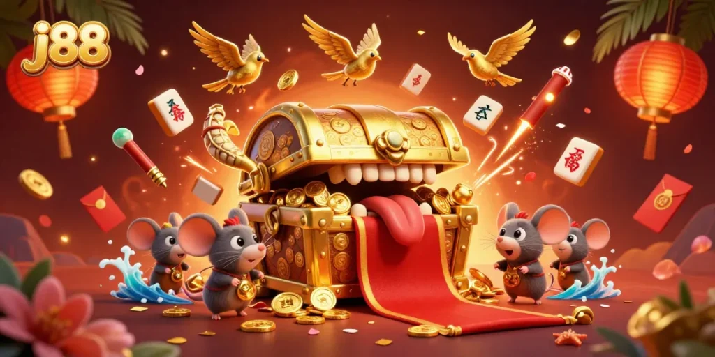 Experience the engaging world of j88 with adventurer mice drawn to treasure in this vibrant casino scene.